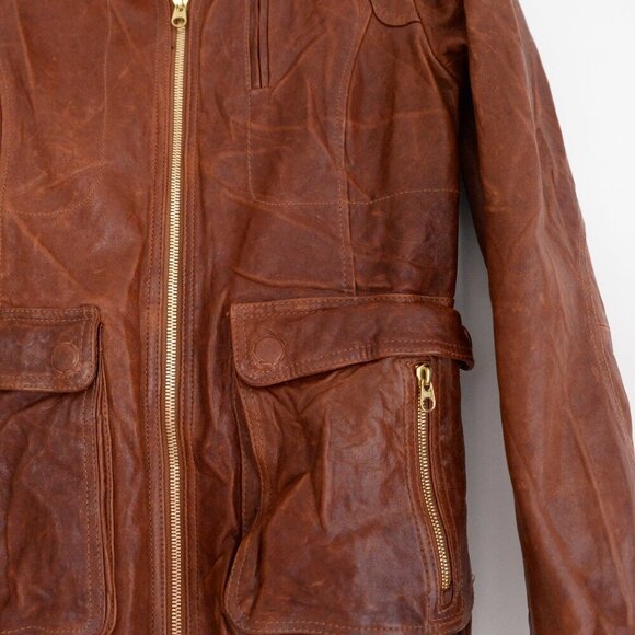 Mackage Brown 100% Leather Designer Zip Up Flap Pocket Hood Biker Jacket XXS - Picture 4 of 16
